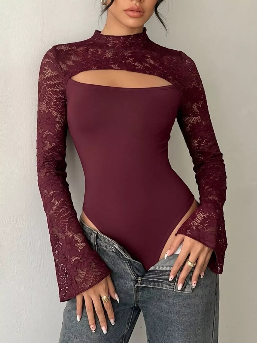 Burgundy lace long sleeve bodysuit with mock neck and chest cutout