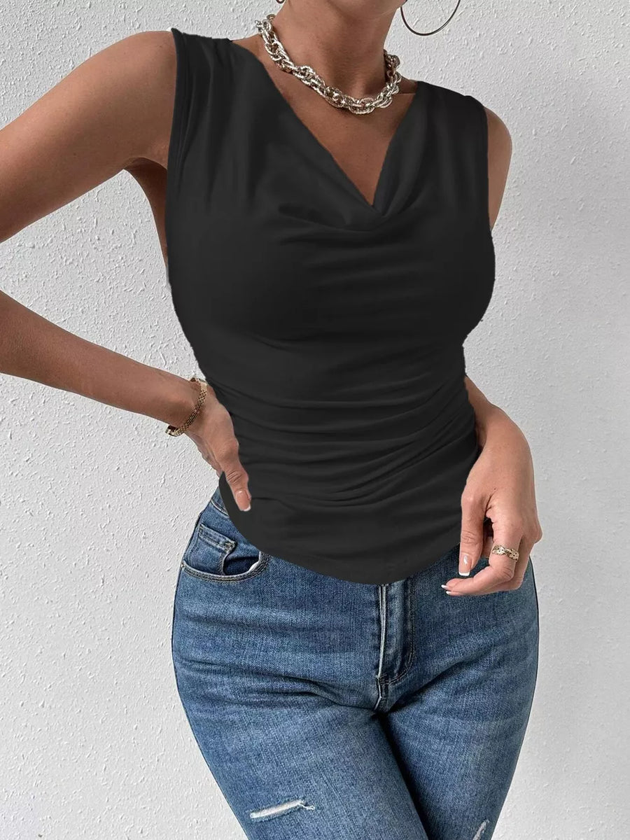 Black ruched cowl neck tank top with draped neckline.