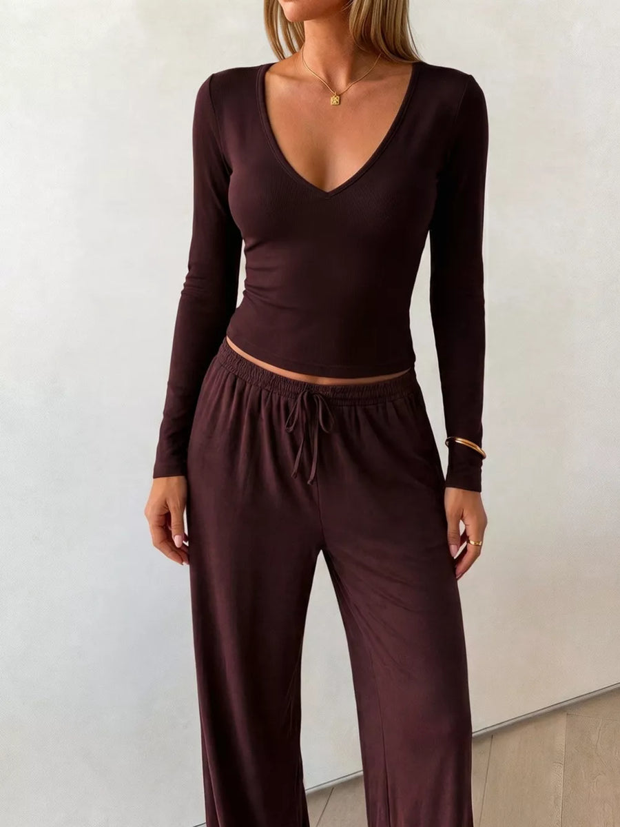 V-neck Long Sleeve Top And Wide-leg Pants Set in Brown