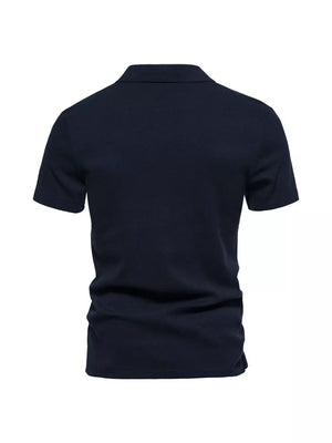 Men's dark navy blue short sleeve polo shirt with notched collar