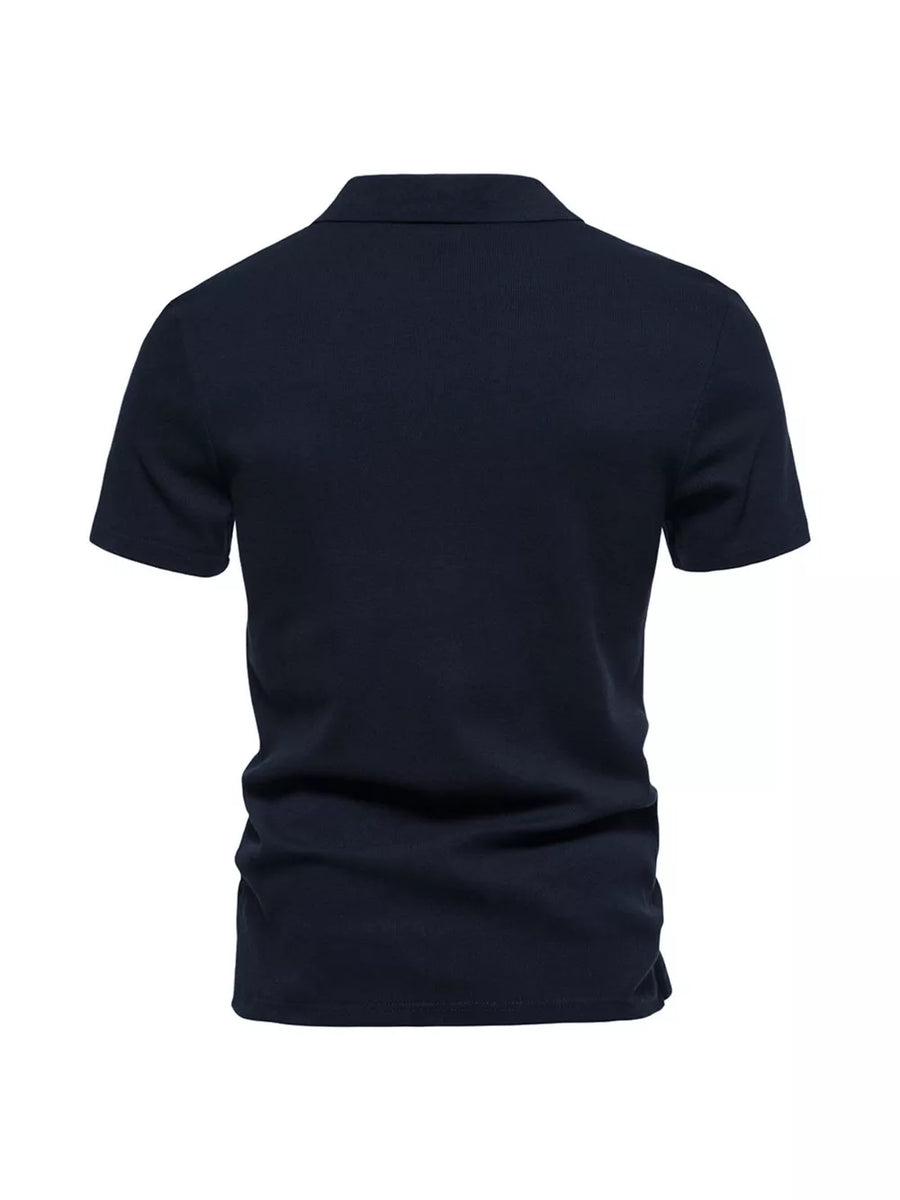 Men's dark navy blue short sleeve polo shirt with notched collar