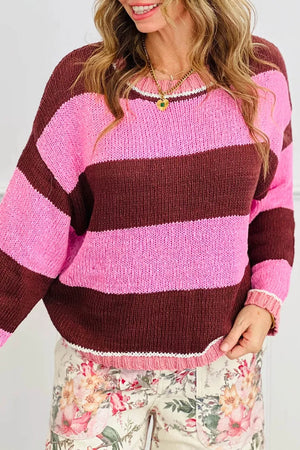 pullover sweater in hot pink with drop shoulder and hip-length