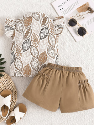 Baby girl leaf print bow top with ruffled sleeves and camel shorts with ruffled pockets.