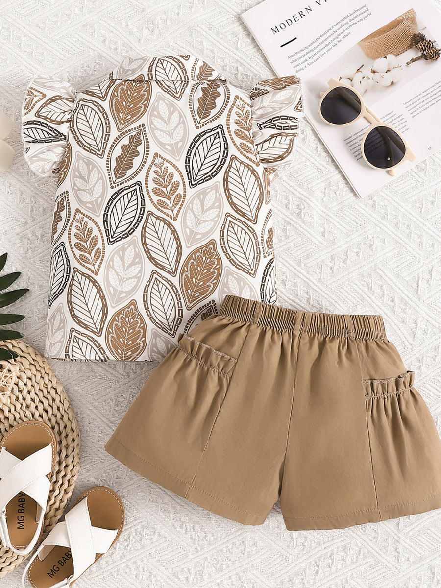 Baby girl leaf print bow top with ruffled sleeves and camel shorts with ruffled pockets.