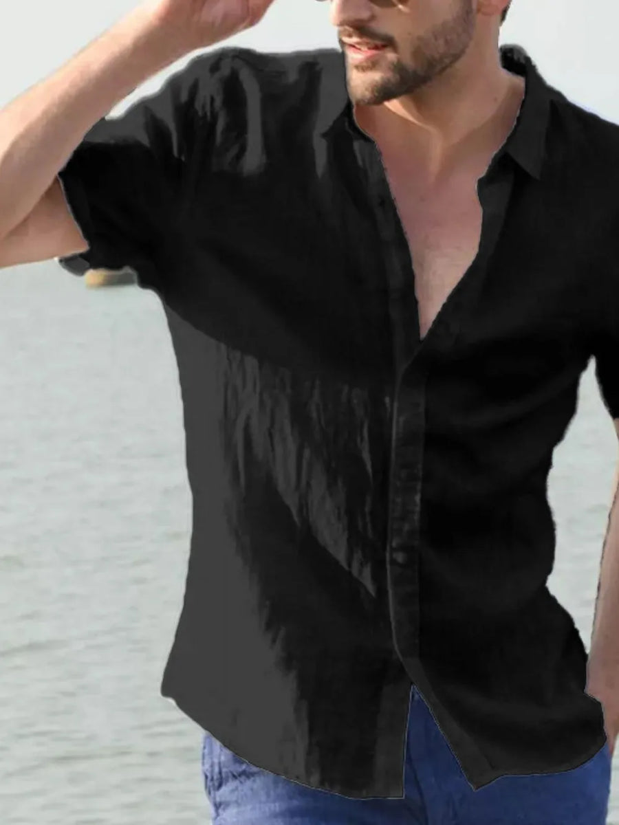 Black linen resort shirt, relaxed fit, short sleeves, open collar, button front.