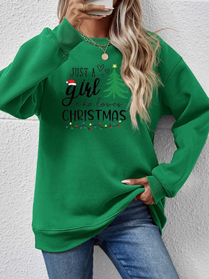 Green crewneck sweatshirt with Christmas graphic and string lights detail