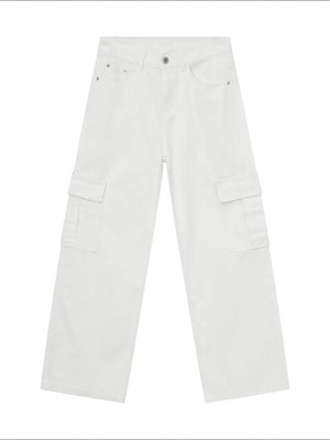 White oversized denim cargo pants with large side pockets.