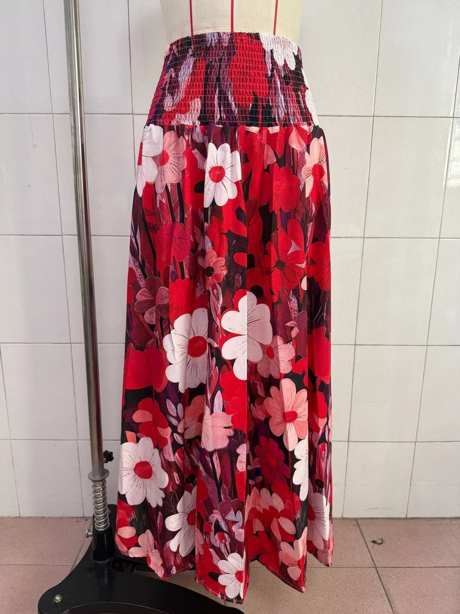 Floral Print High-waisted Maxi Skirt in Fuchsia Pink with tiered