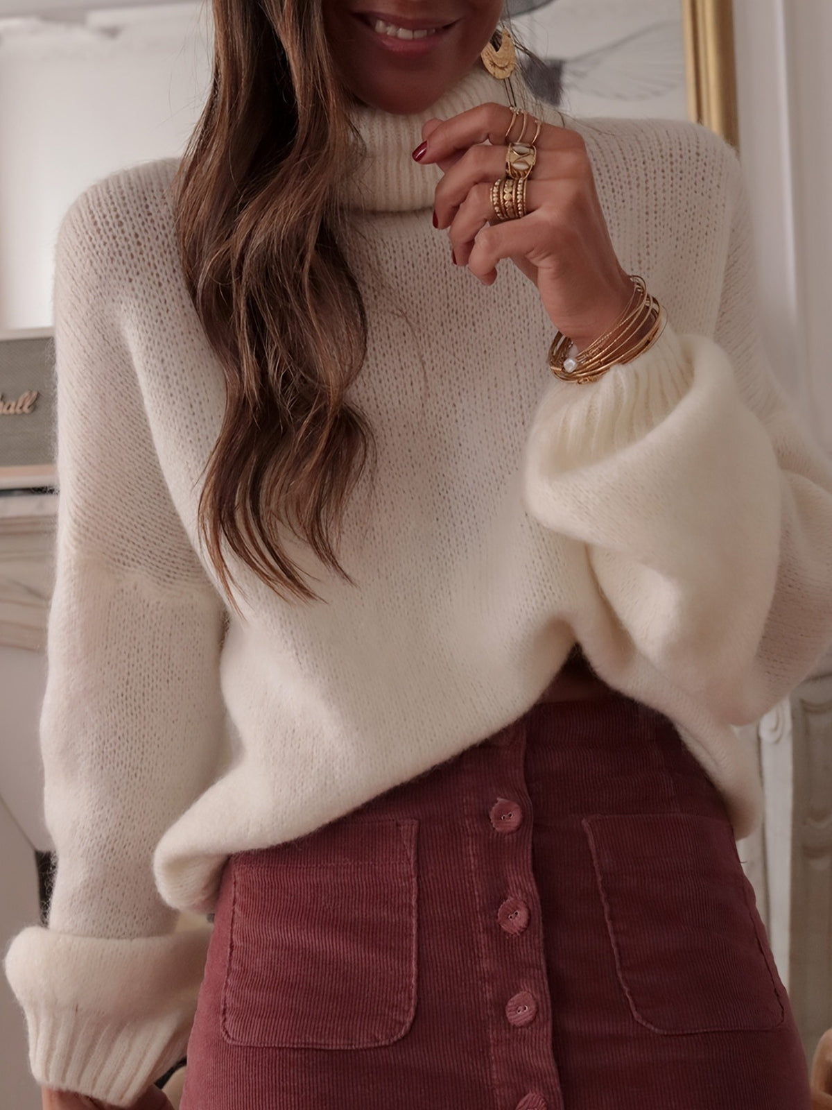 turtleneck sweater in ivory featuring dropped shoulder and oversized fit