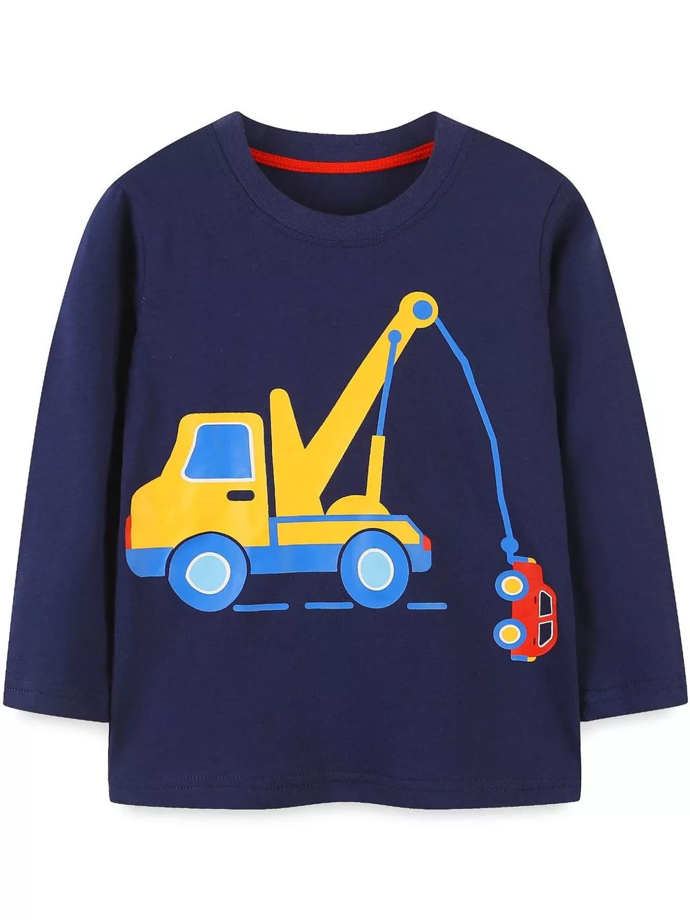 Navy cotton crew neck t-shirt with cheerful tow truck graphic and red trim.