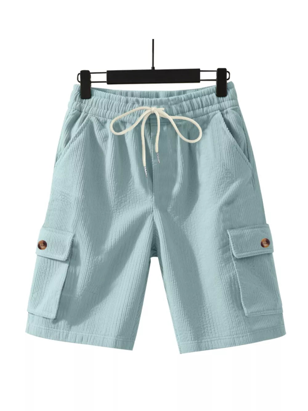 Light blue textured drawstring cargo shorts with button flap pockets.