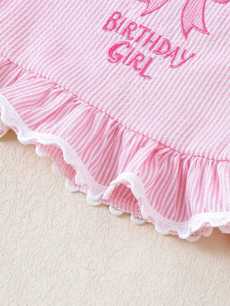 Pink striped baby tank with Birthday Girl embroidery and ruffled lace trim.