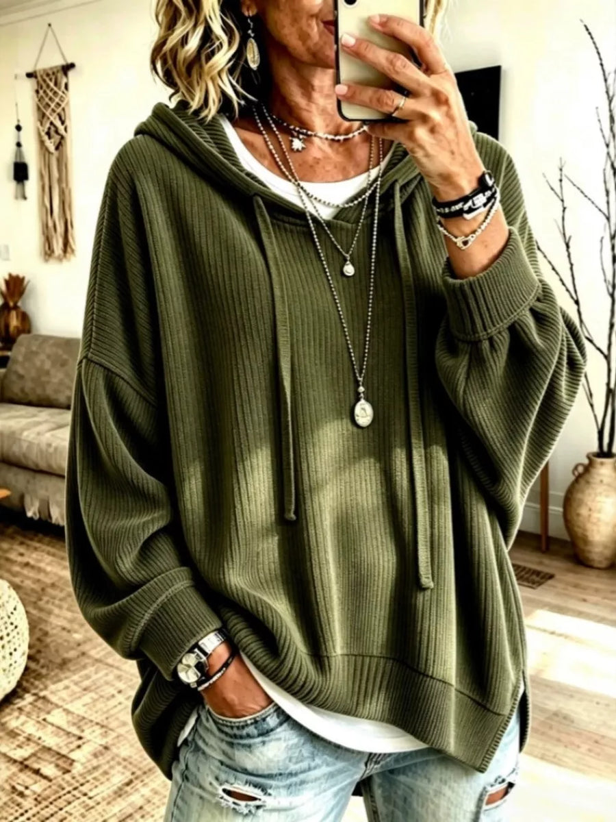 Army Green pullover hoodie with ribbed knit and long sleeve