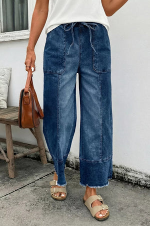 Drawstring Raw Hem Wide Leg Denim Pants option 7