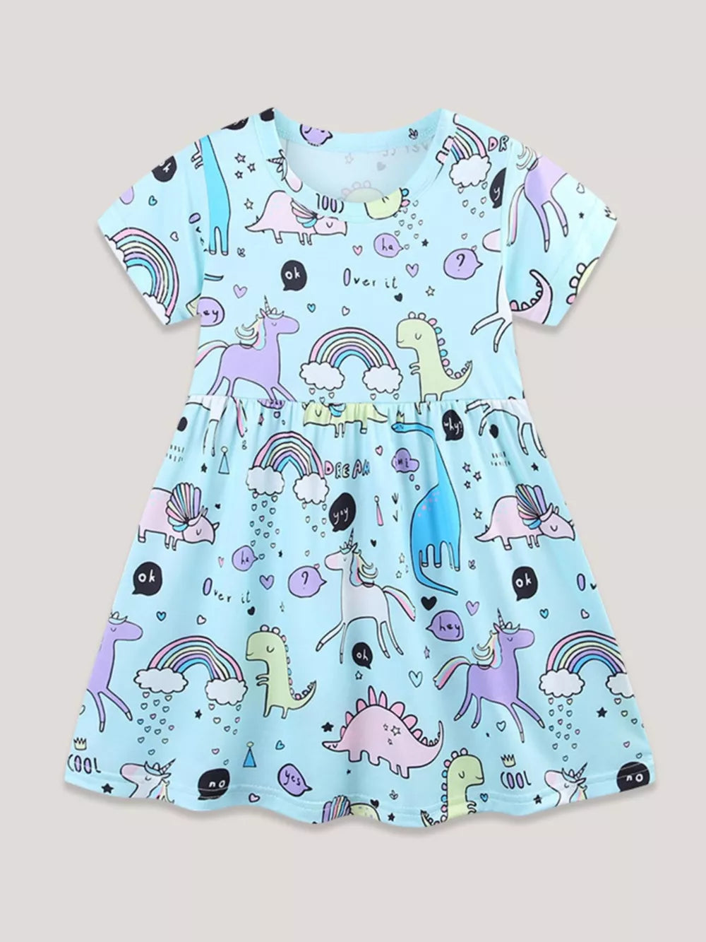 Light blue toddler dress with dinosaurs, unicorns, and rainbows pattern.