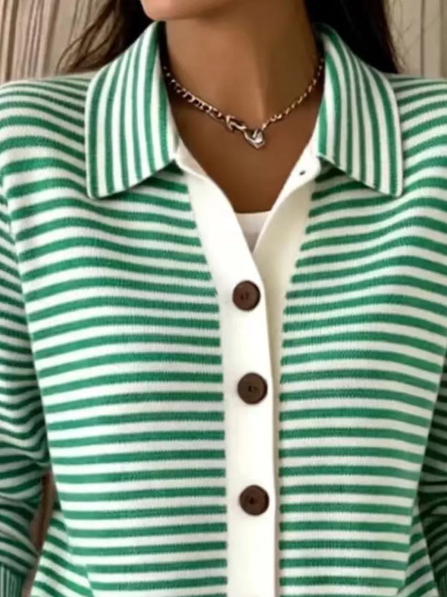 ivory cardigan featuring collared and striped