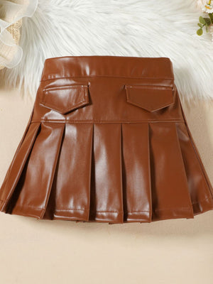 Toddler brown faux leather pleated skirt with two front pockets.
