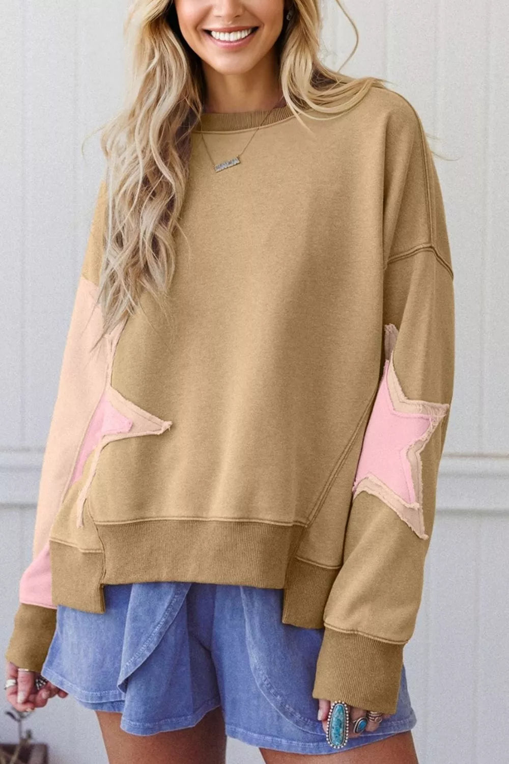 camel sweatshirt with star and crew neck