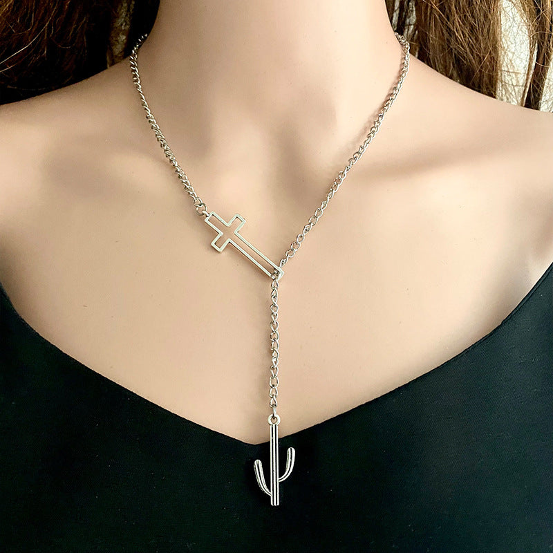 Silver asymmetrical cross lariat necklace with cactus charm, alloy.