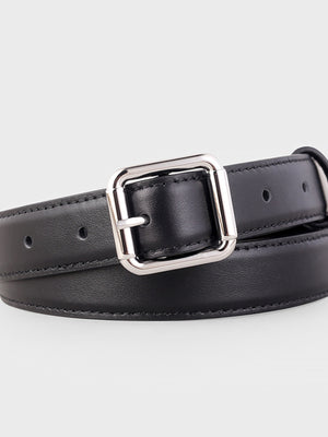 Black premium cowhide leather belt with a silver square buckle and stitching detail.