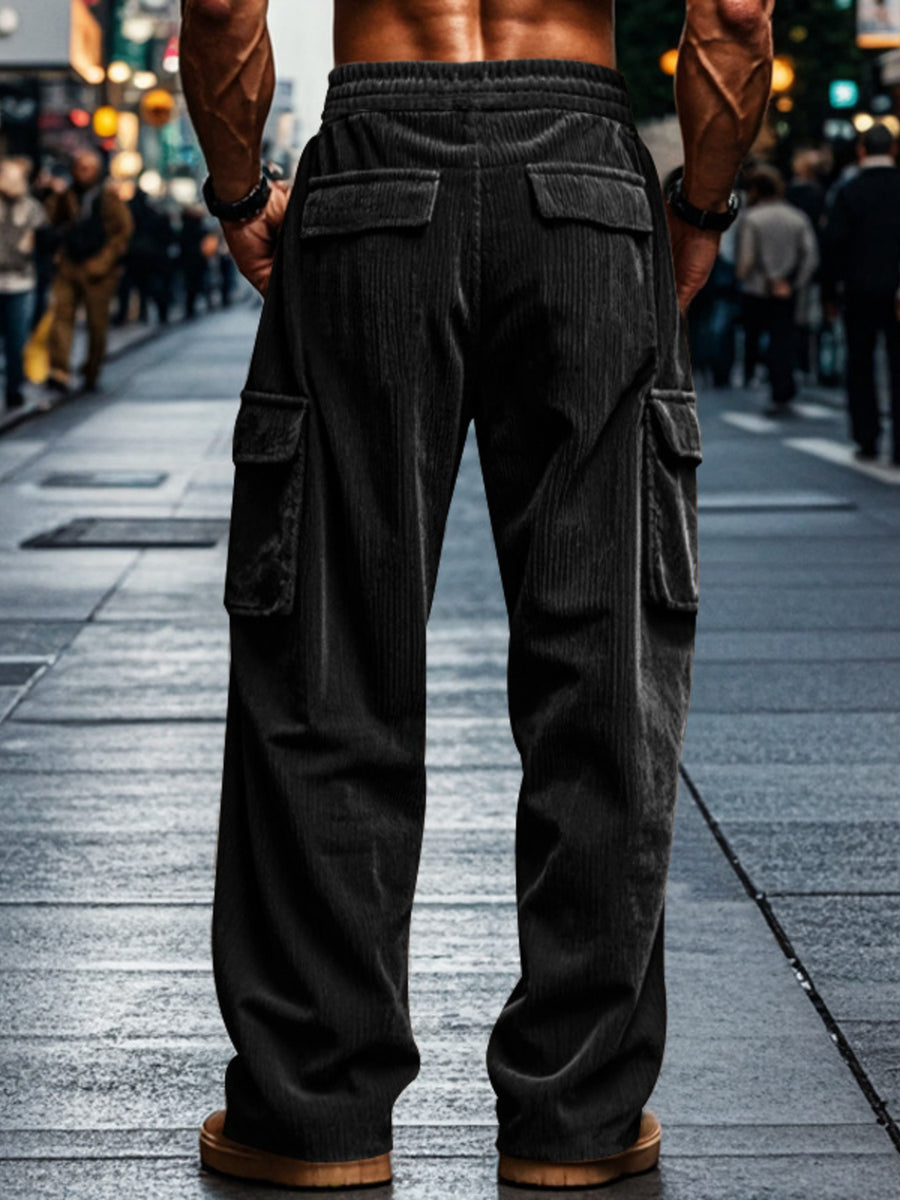 cargo pants in olive green with corduroy and drawstring waist