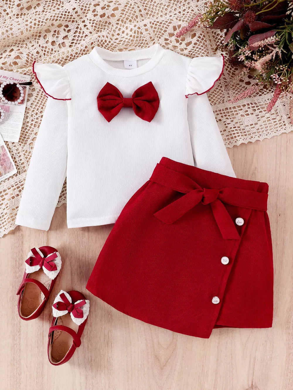 White Children's Bow Long Sleeve Top And Skirt Set