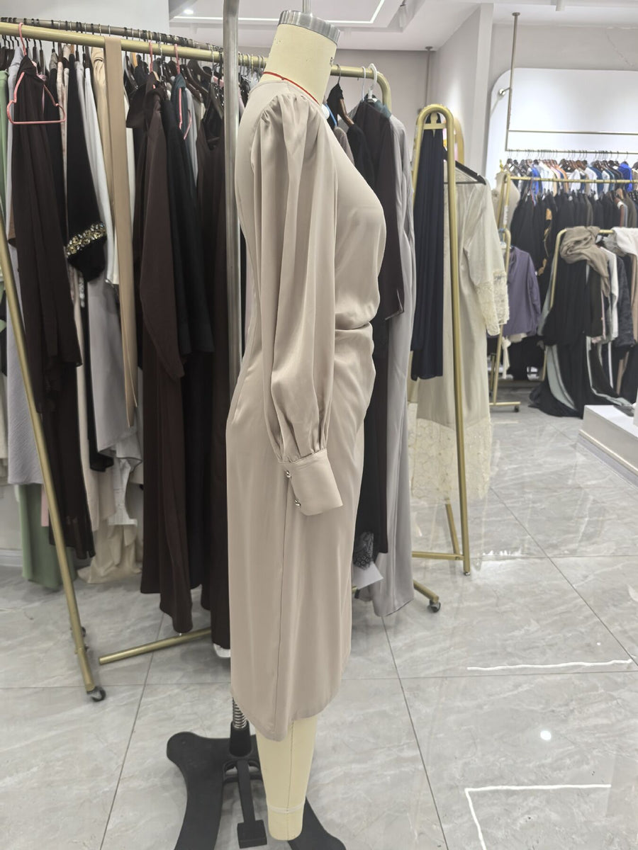 glam midi dress in Champagne Color with round neck