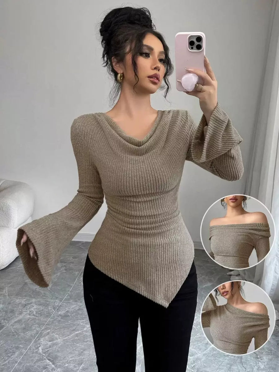 Khaki ribbed cowl neck top with asymmetrical hem and flared sleeves.