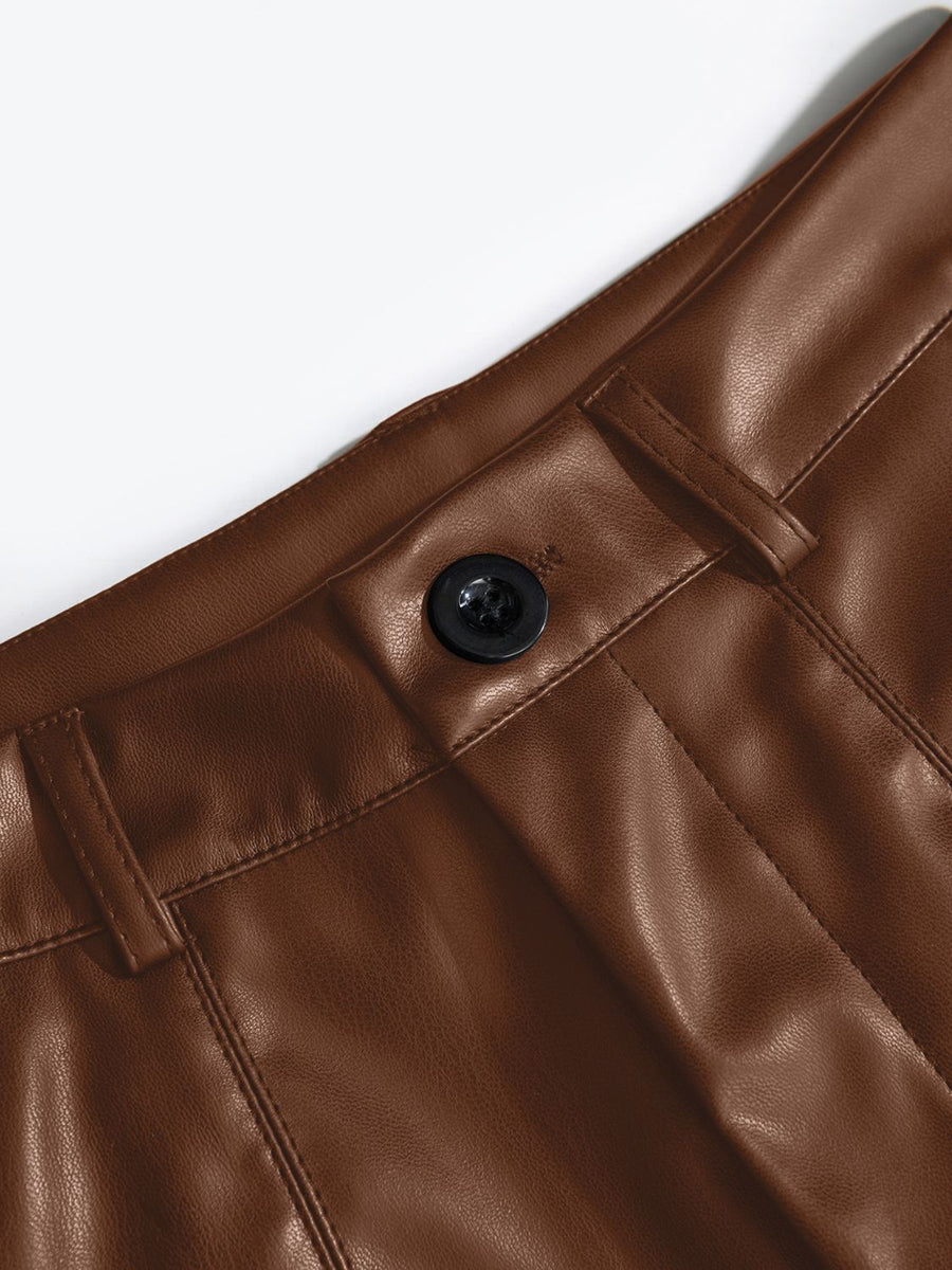 Brown vegan leather bermuda shorts with button detail