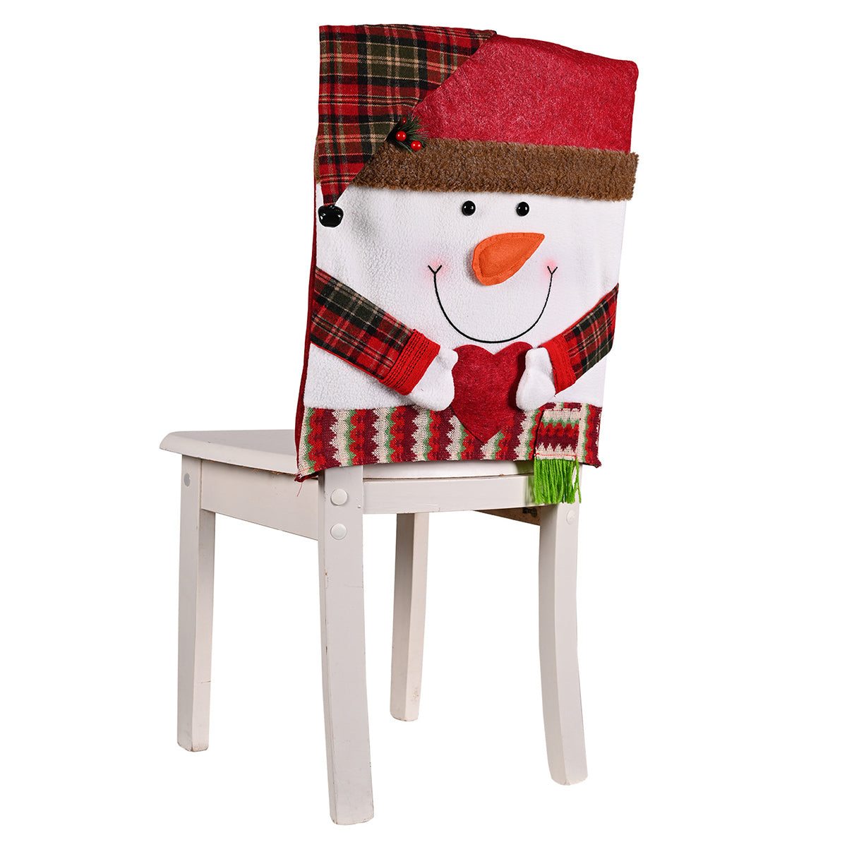Snowman chair cover with plaid hat and scarf, holding a red heart.