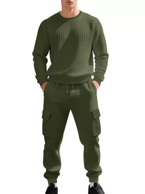 Men's Plus Size Waffle Knit Crewneck Sweatshirt And Jogger Set in Black with pocketed