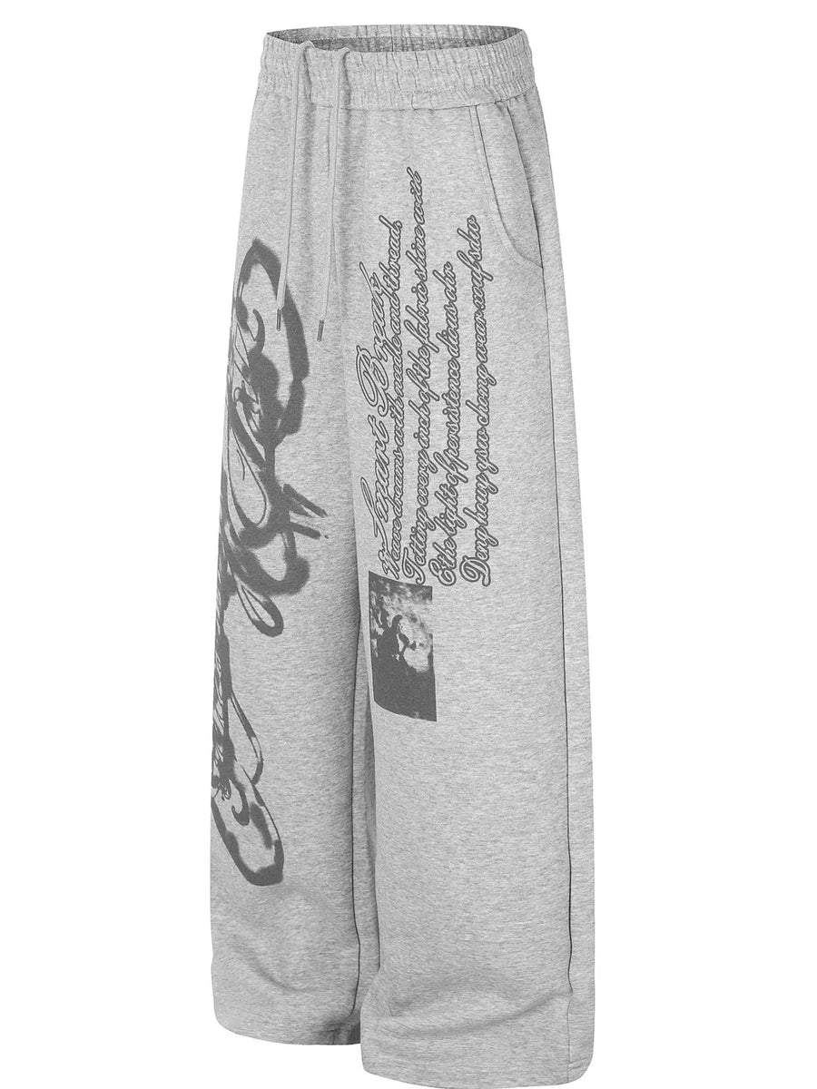 Light Gray sweatpants featuring drawstring waist and graphic-print