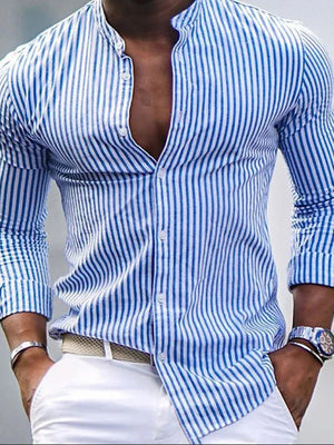Men's blue and white striped cotton button-up shirt with band collar.