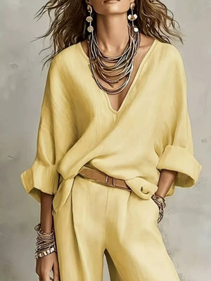 Loose Fit Top And Wide-leg Pants Set Plus Size in Yellow with loose fit
