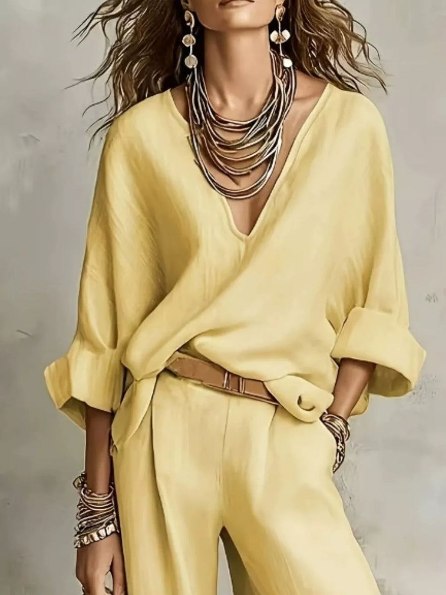 Loose Fit Top And Wide-leg Pants Set Plus Size in Yellow with loose fit
