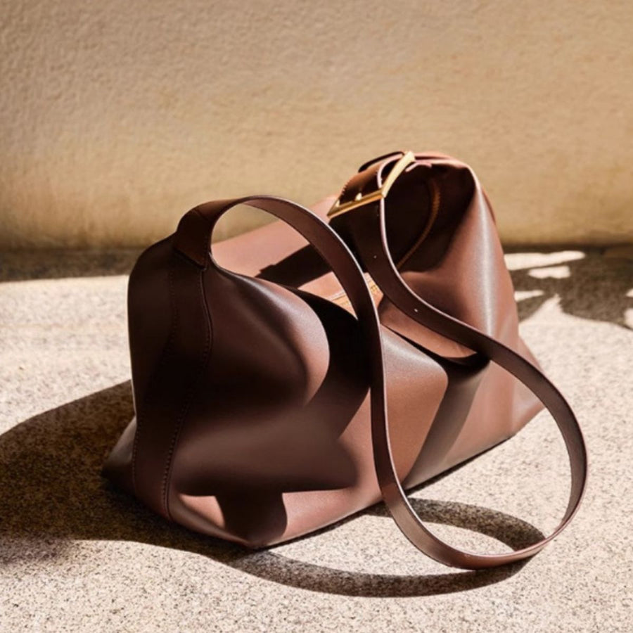 Premium pu leather shoulder bag in caramel with gold buckle detail