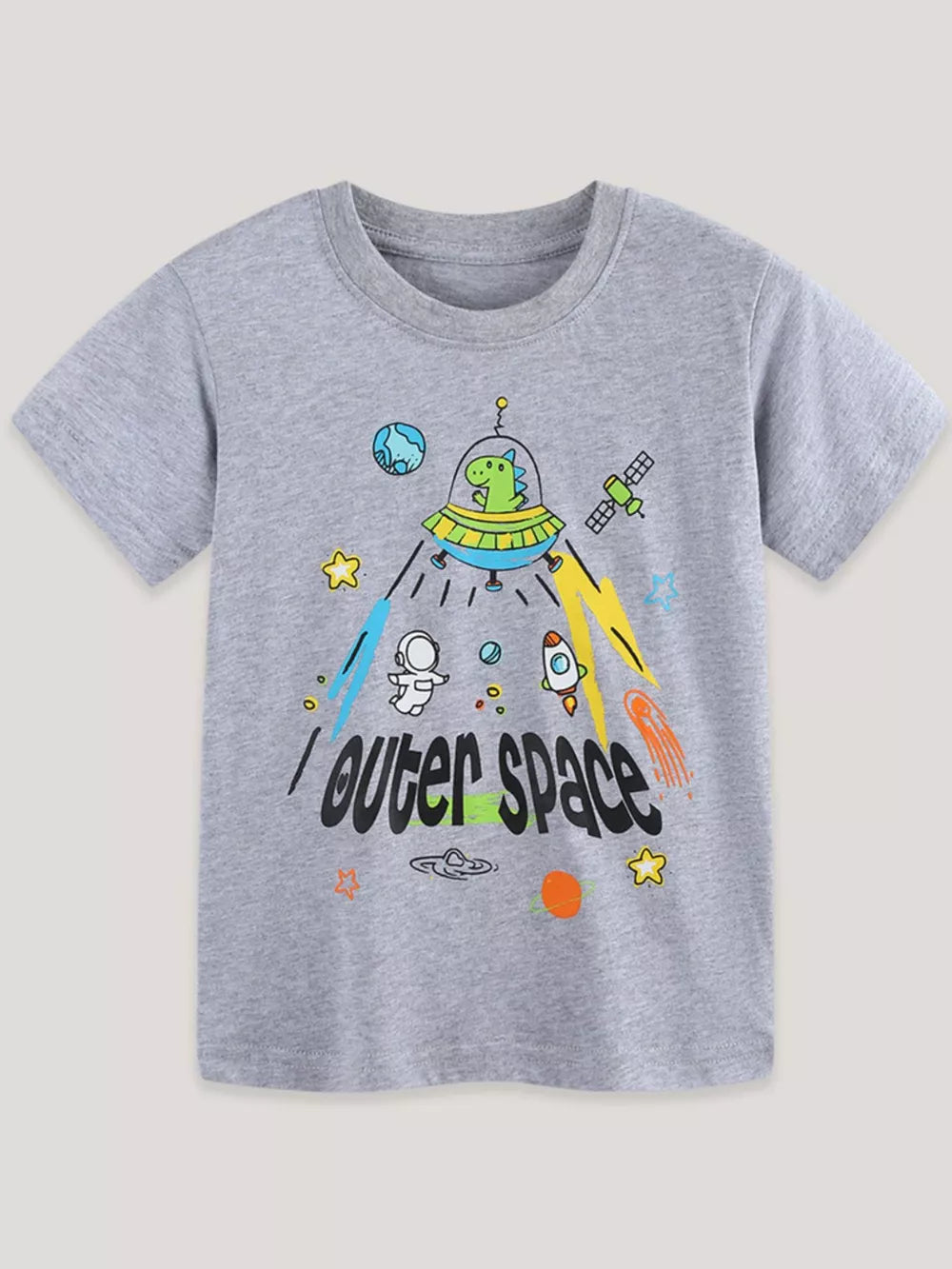 Toddler gray cotton t-shirt with outer space graphic featuring a dinosaur in a UFO.