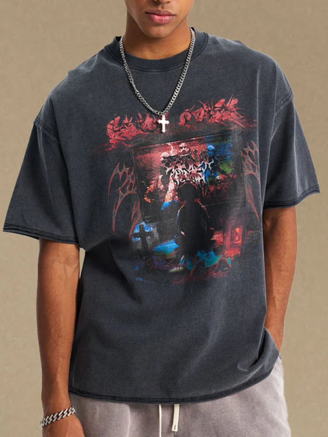 Black washed cotton oversized graphic tee with a dark, abstract graphic print.