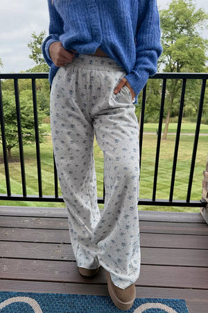 Light Gray with Floral Print Elastic Waist Pants