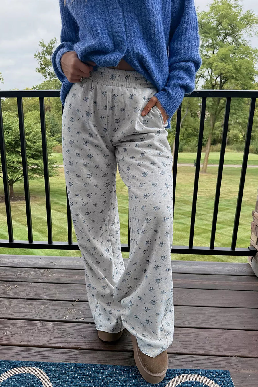 Light Gray with Floral Print Elastic Waist Pants