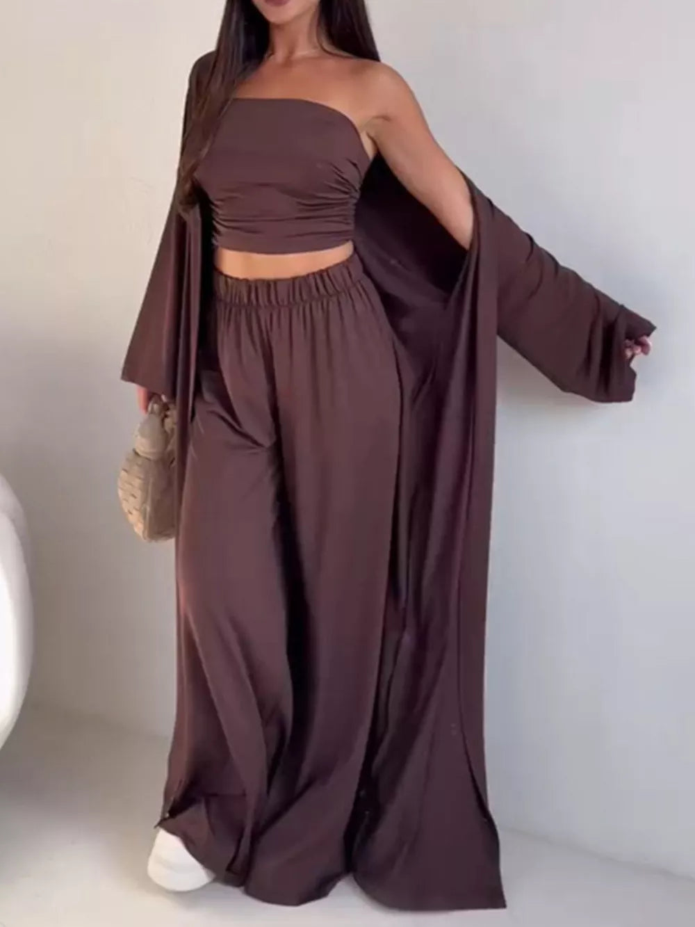 Black Strapless Ruched Crop Top & Wide-leg Pants Set