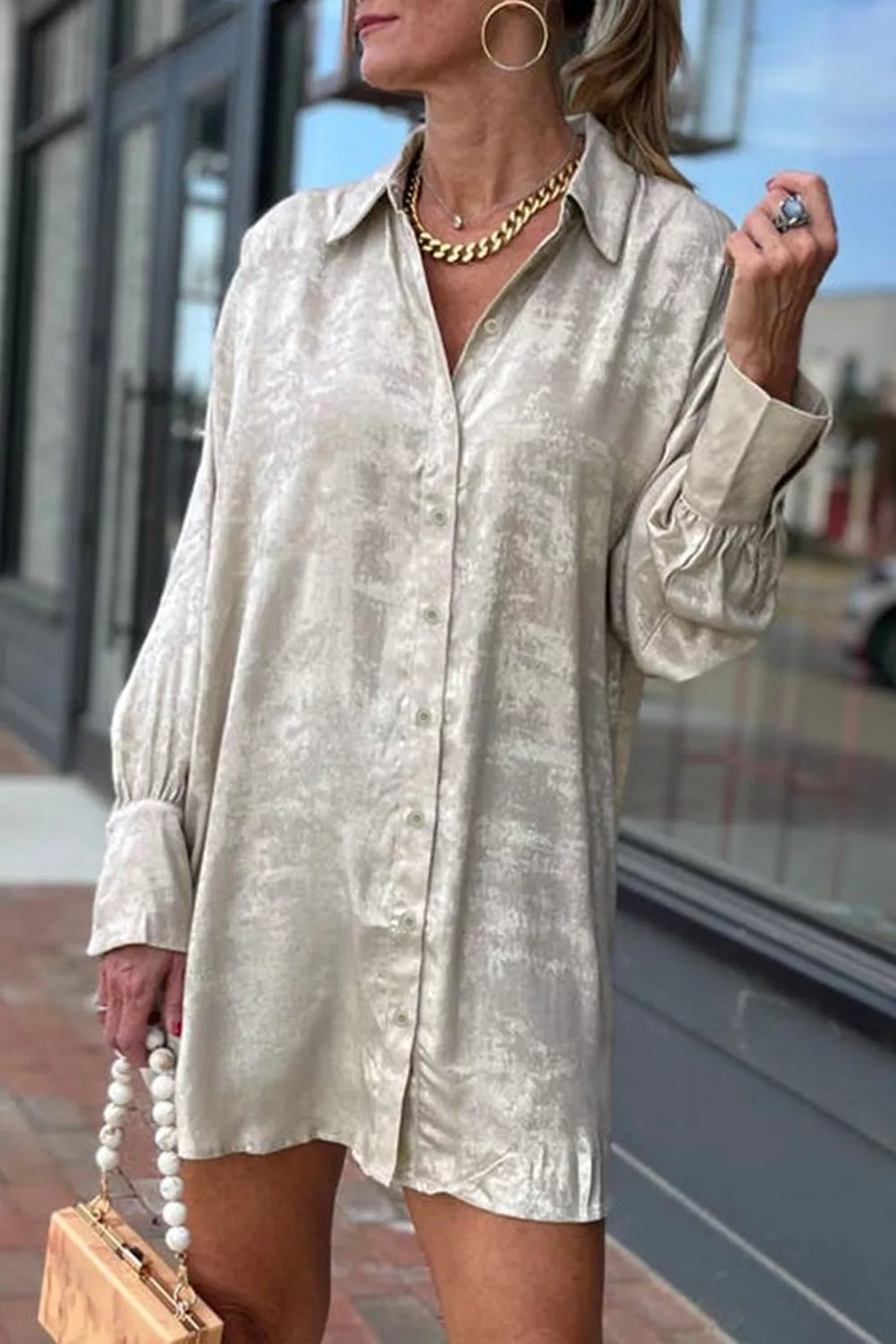 Beige Solid Pattern Mini Long Sleeve Shift Dress