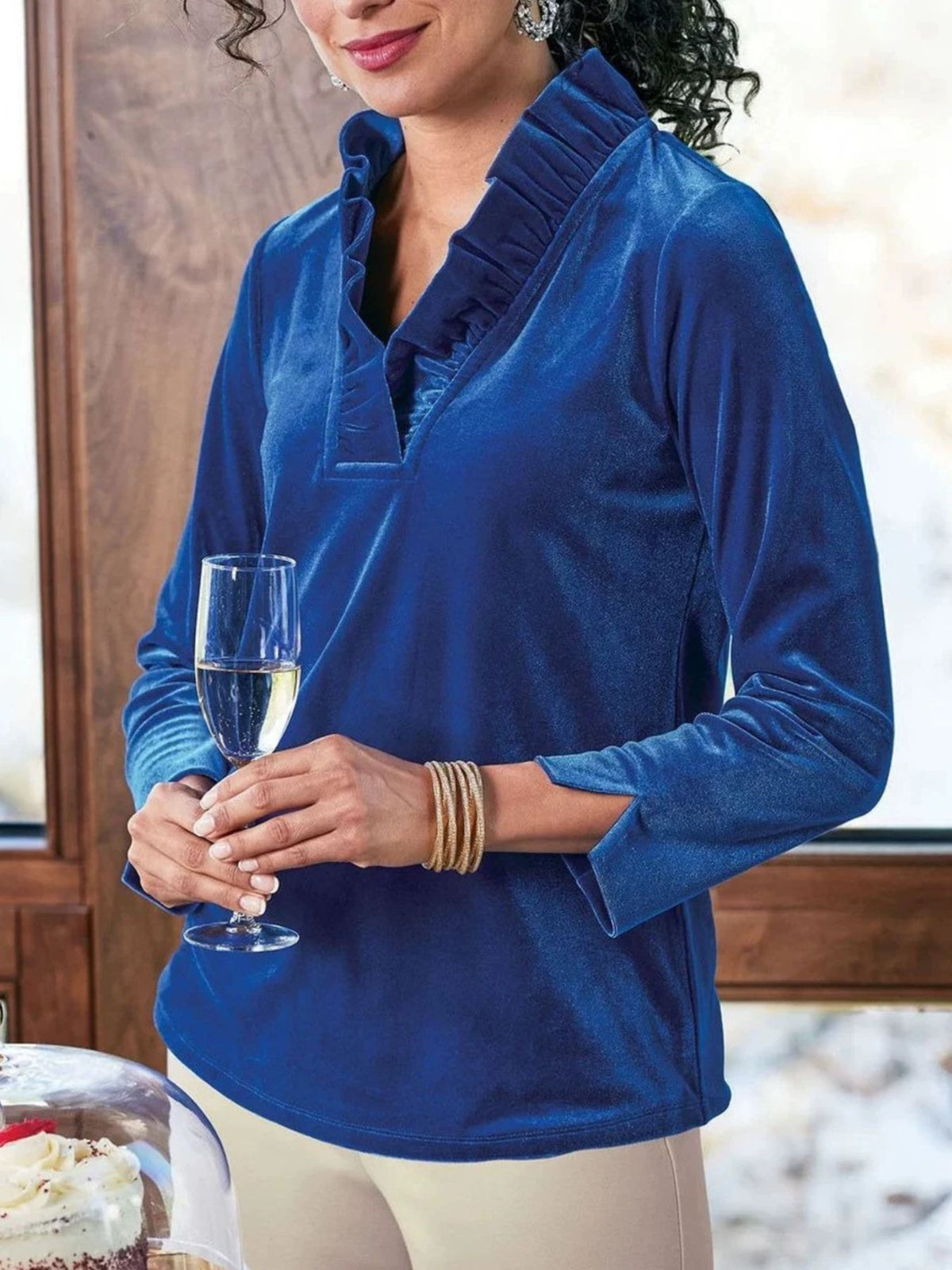 blouse in royal blue featuring ruffled and regular fit