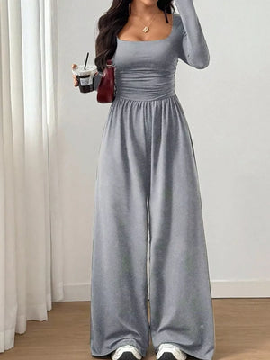 Ruched Square Neck Wide-leg Jumpsuit in Black