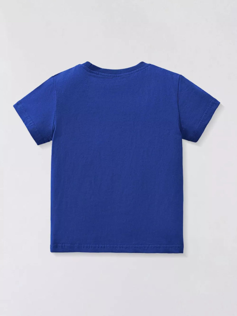 Blue crew neck t-shirt with short sleeves and a relaxed fit.