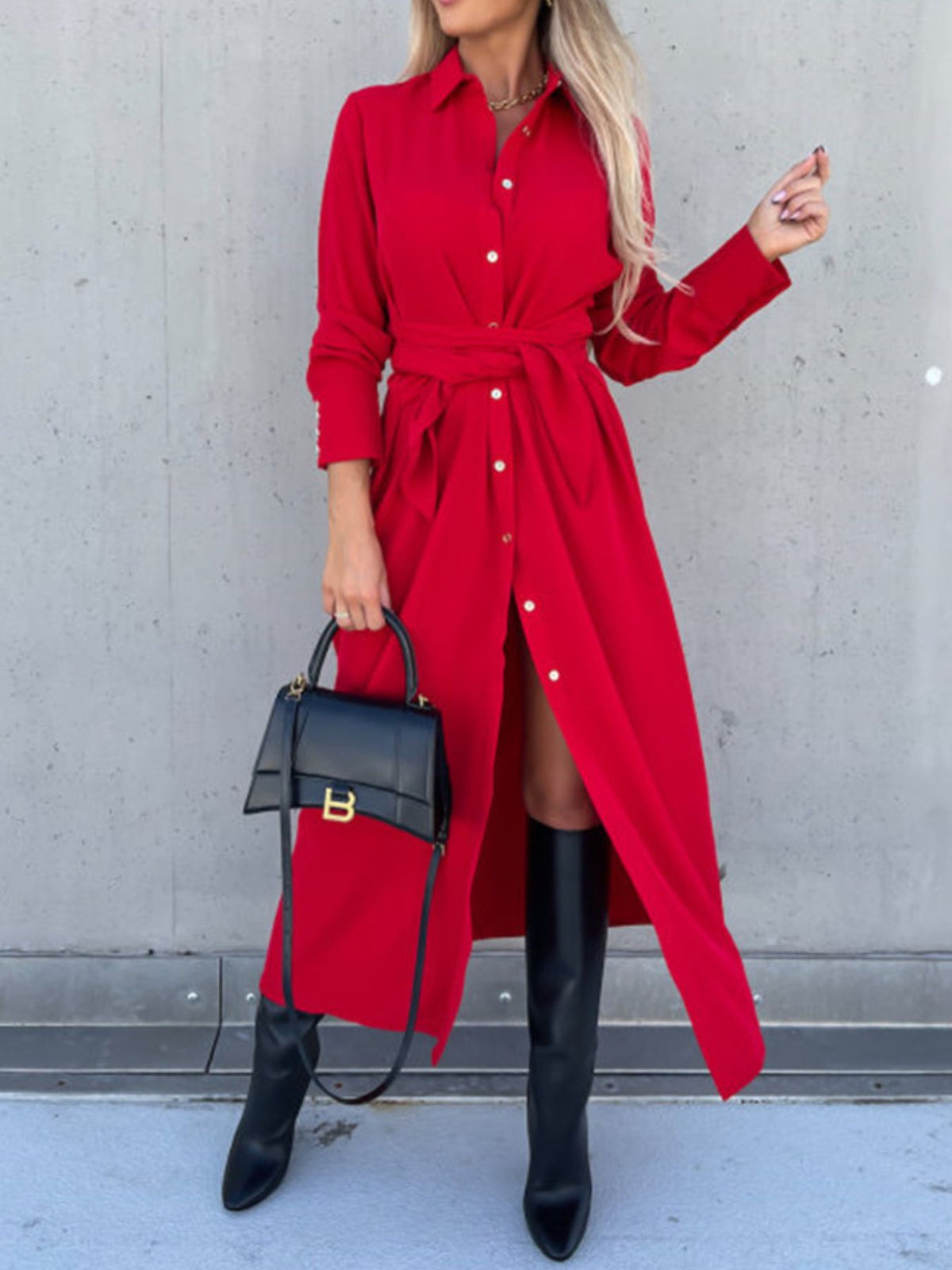 Tie Waist Long Sleeve Shirt Dress Plus Size