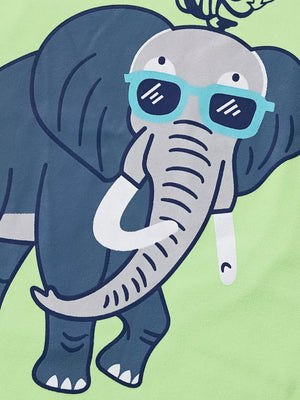 Graphic tee with a cartoon elephant wearing blue sunglasses on a lime green background.