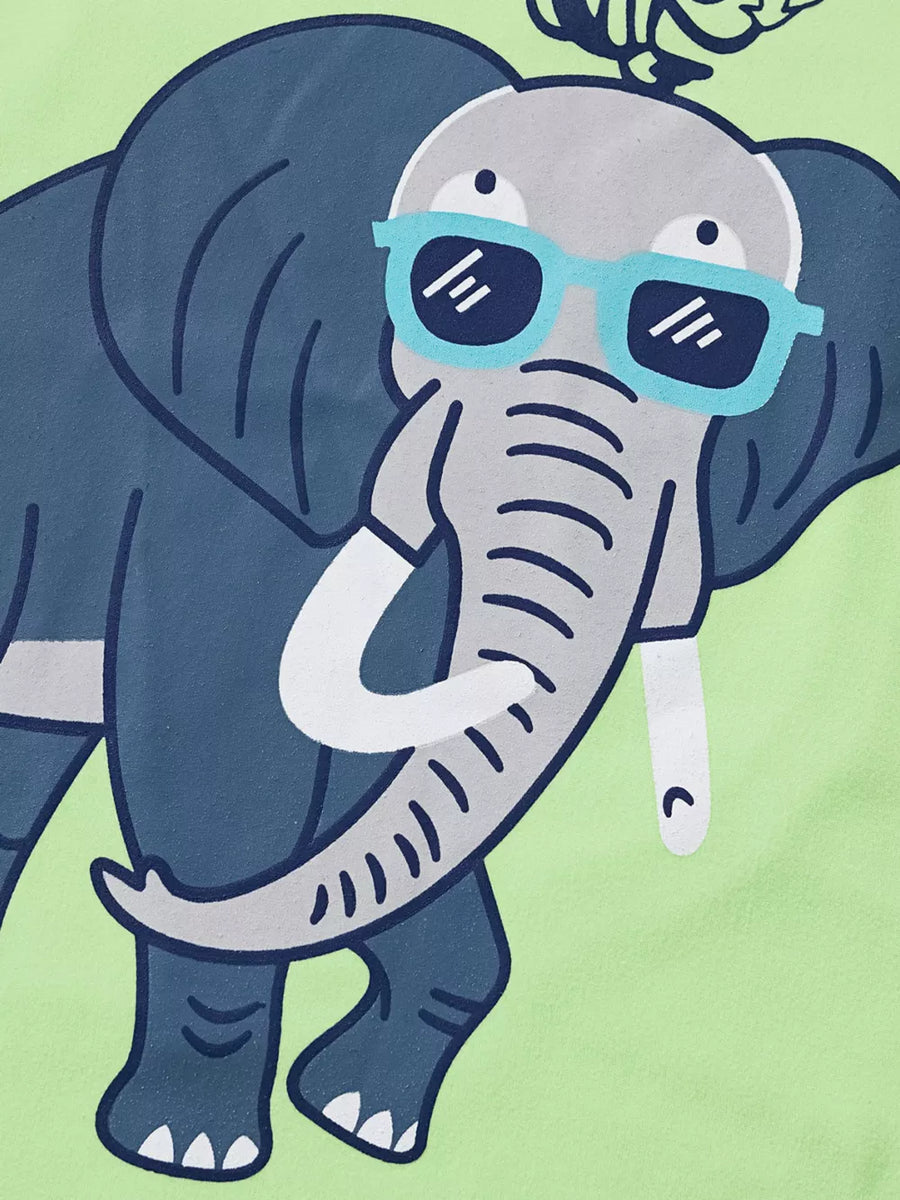 Graphic tee with a cartoon elephant wearing blue sunglasses on a lime green background.