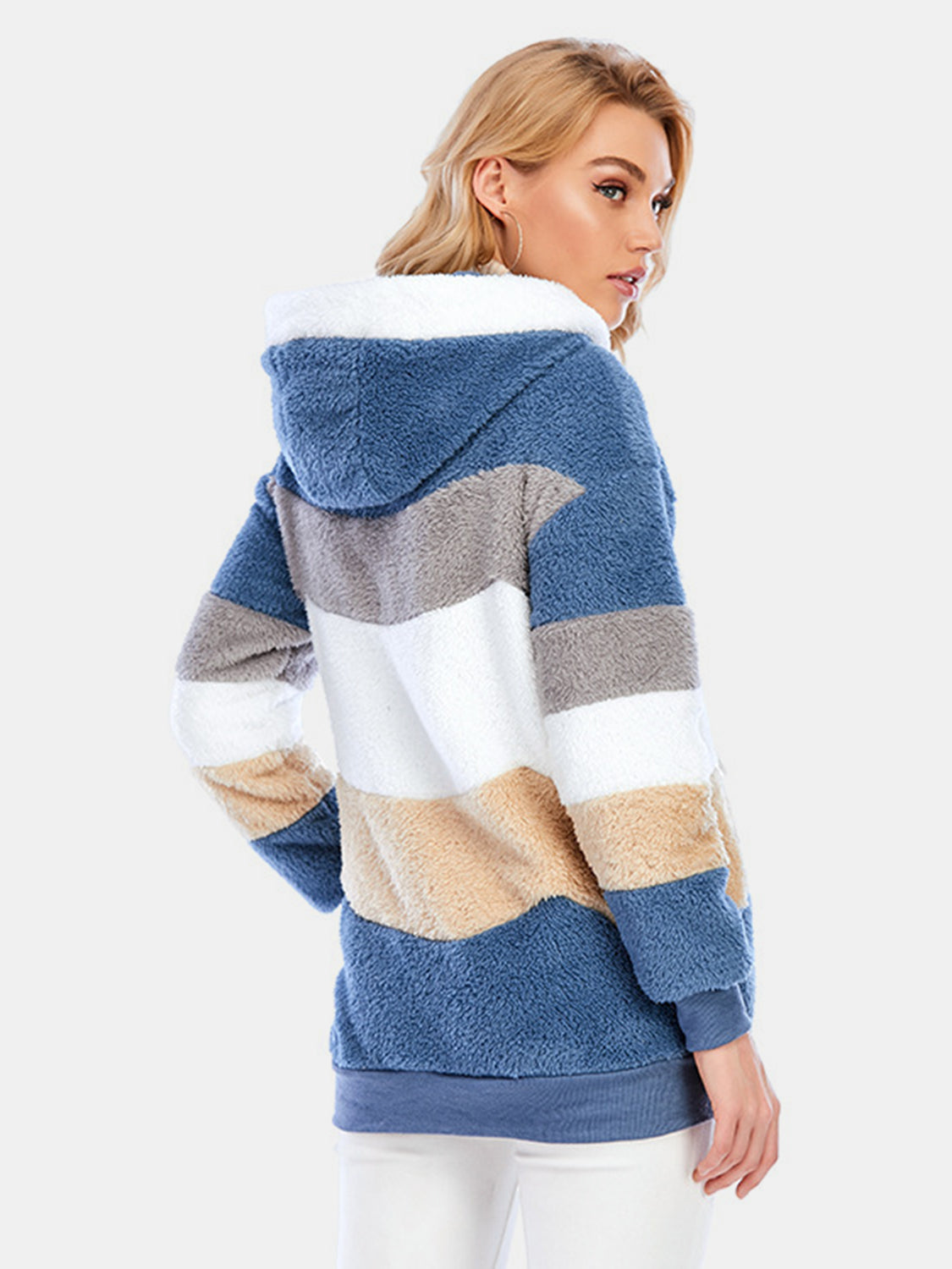 Teddy fleece zip-up hoodie with color block stripes in blue, grey, white, and tan.