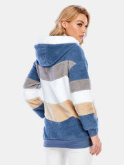 Teddy fleece zip-up hoodie with color block stripes in blue, grey, white, and tan.